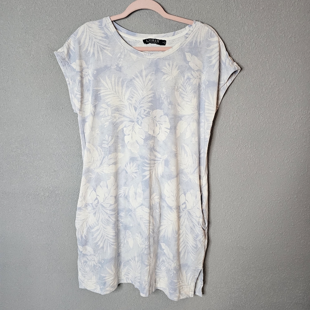 Lauren Ralph Lauren Dress Womens Medium Palm Print T-Shirt Pocket Blue White